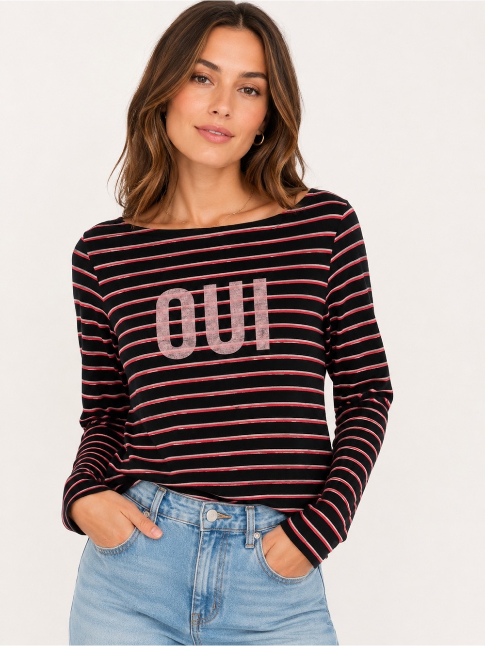 cinq a sept Black and Pink Striped 'OUI' Long Sleeve Top
